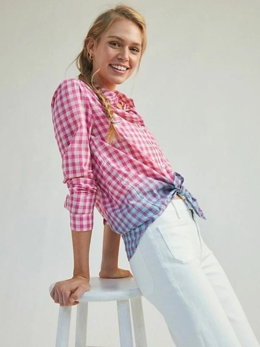 Anthropologie Pilcro Deb Gingham Buttondown Shirt Size XS Pink Blue Ombré preppy